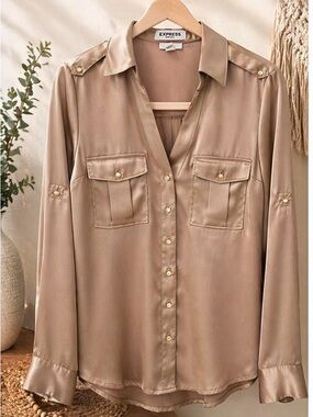 Express Satin Button-Front Blouse in Taupe
